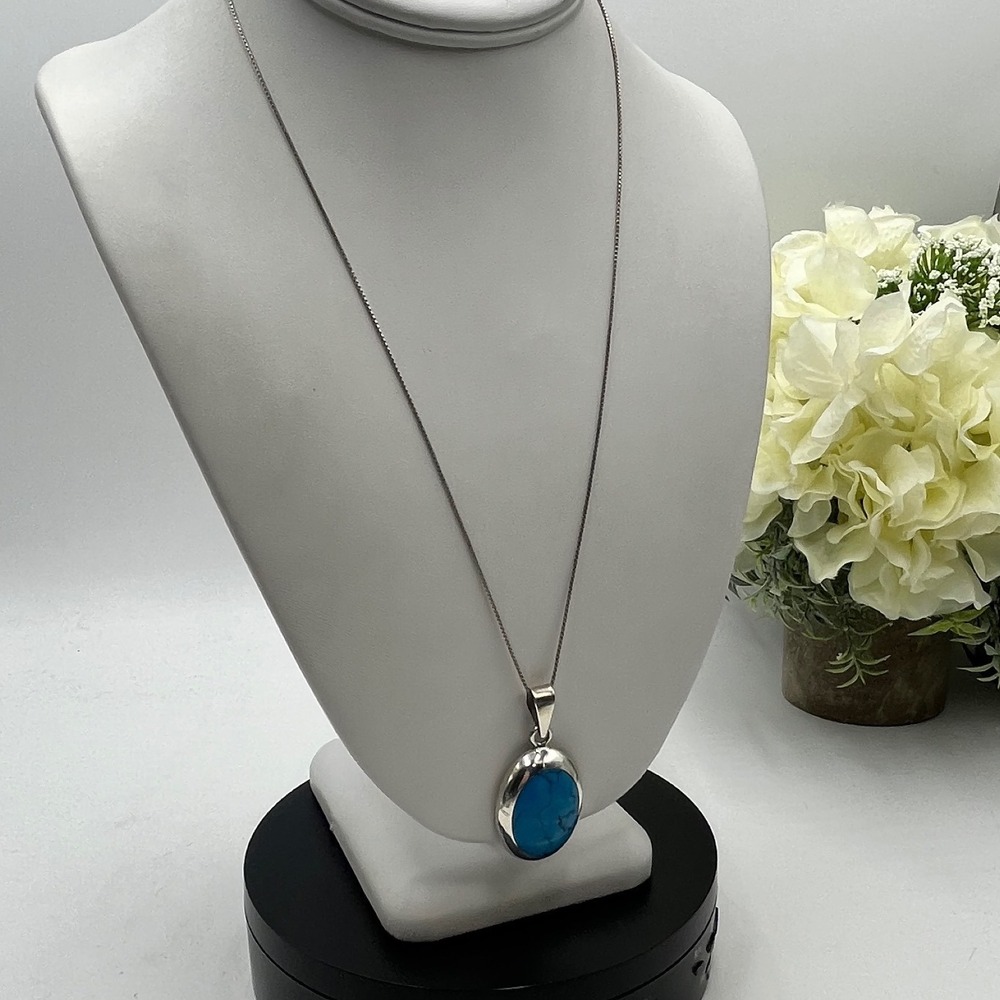 TS-102‎ Mexico Southwestern 925 Oval Bezel Turquoise Pendant Necklace SU Chain